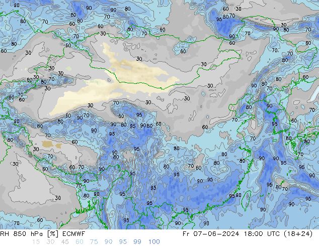 Humidité rel. 850 hPa ECMWF ven 07.06.2024 18 UTC