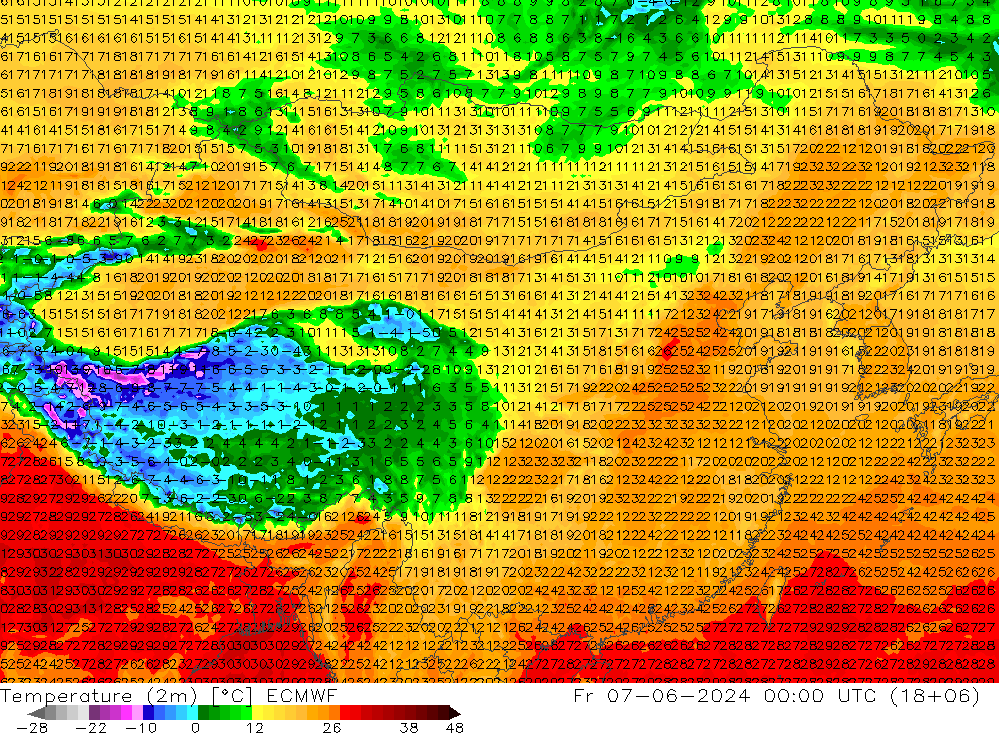 Temperatuurkaart (2m) ECMWF vr 07.06.2024 00 UTC