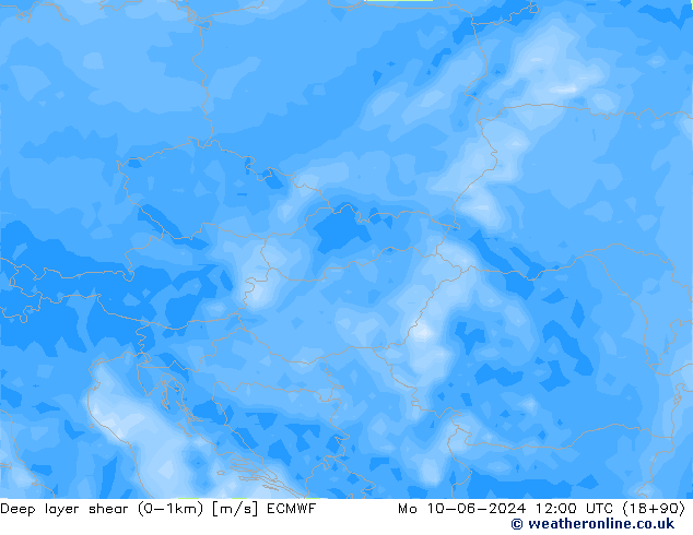 Deep layer shear (0-1km) ECMWF pon. 10.06.2024 12 UTC