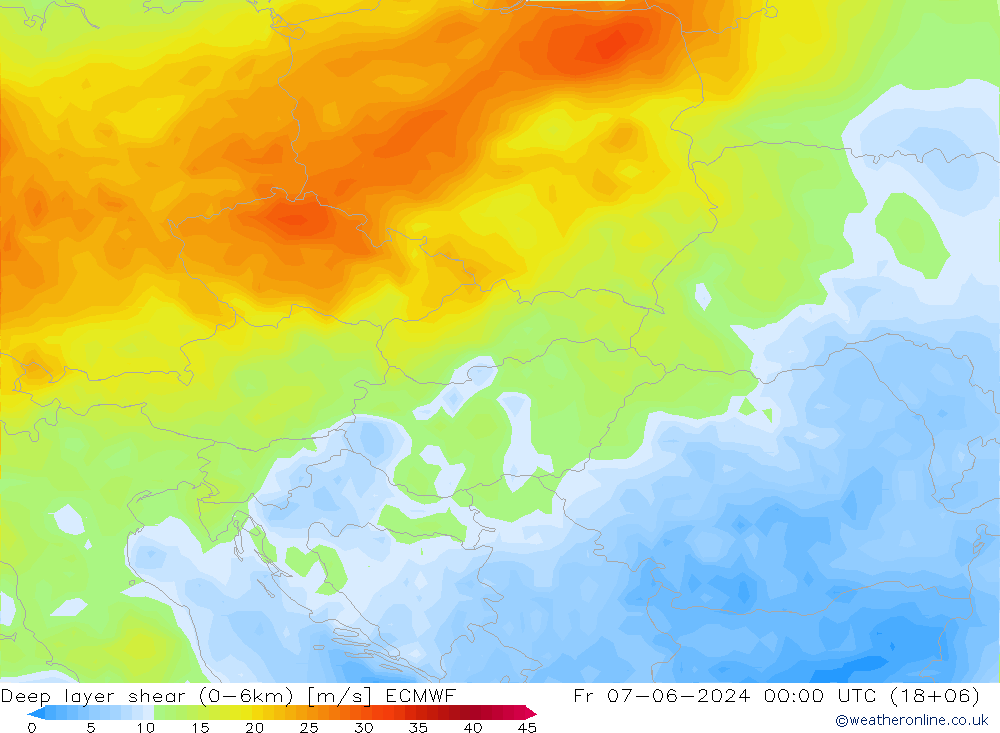 Deep layer shear (0-6km) ECMWF Fr 07.06.2024 00 UTC