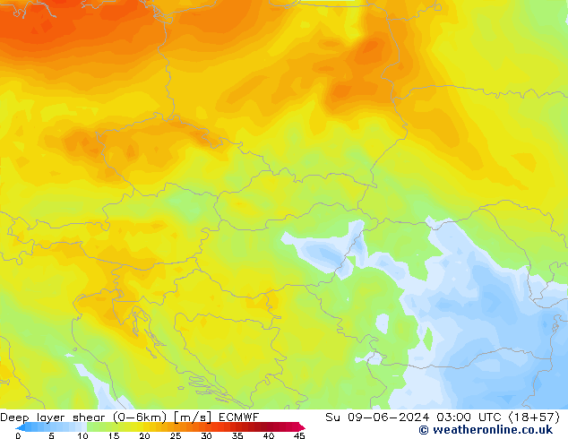 Deep layer shear (0-6km) ECMWF Su 09.06.2024 03 UTC