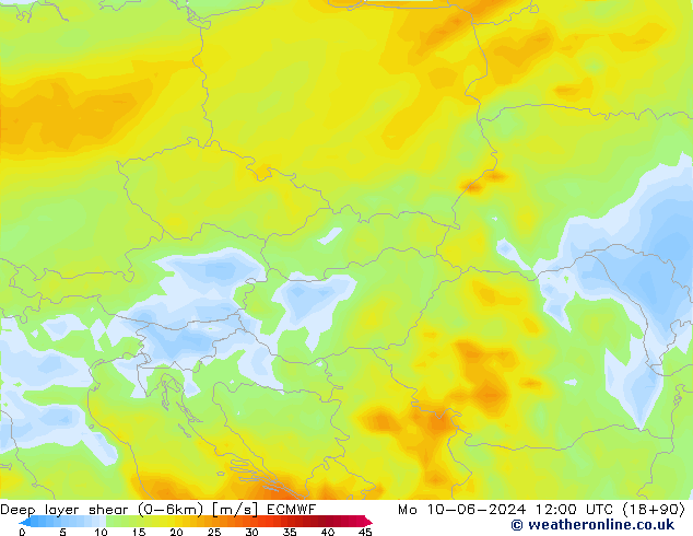 Deep layer shear (0-6km) ECMWF lun 10.06.2024 12 UTC