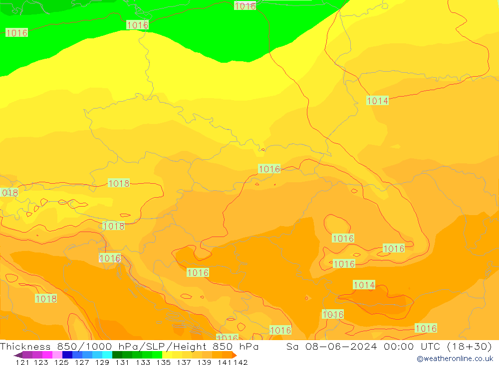 Thck 850-1000 гПа ECMWF сб 08.06.2024 00 UTC