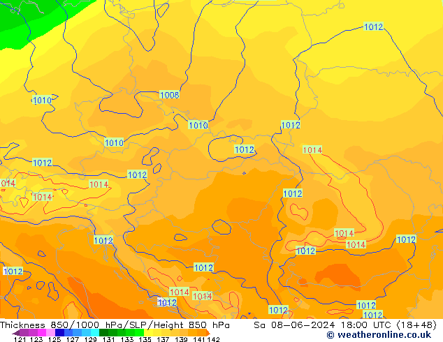 Thck 850-1000 hPa ECMWF so. 08.06.2024 18 UTC