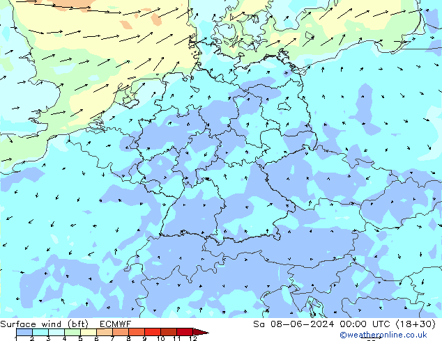  10 m (bft) ECMWF  08.06.2024 00 UTC