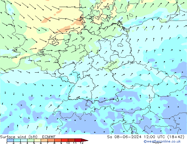 ве�Bе�@ 10 m (bft) ECMWF сб 08.06.2024 12 UTC