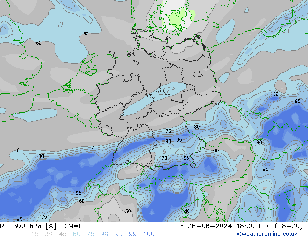 RH 300 hPa ECMWF 星期四 06.06.2024 18 UTC