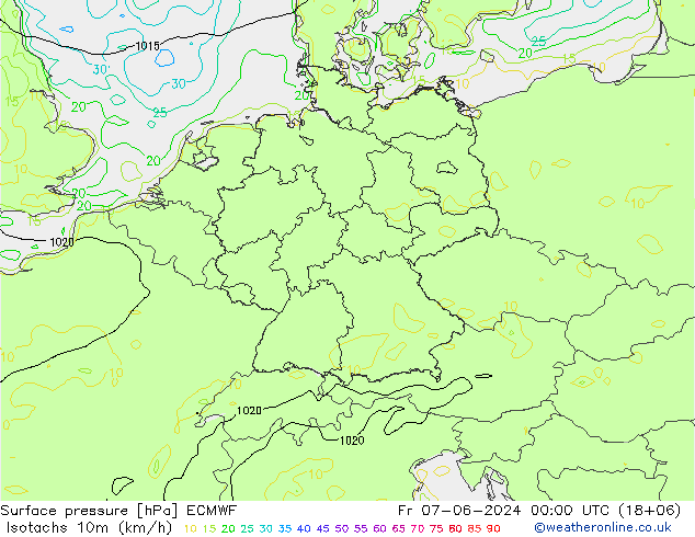 Isotachen (km/h) ECMWF Fr 07.06.2024 00 UTC