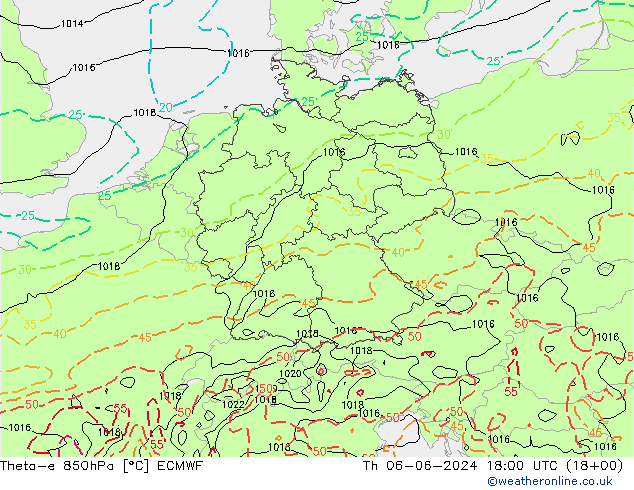 Theta-e 850hPa ECMWF 星期四 06.06.2024 18 UTC