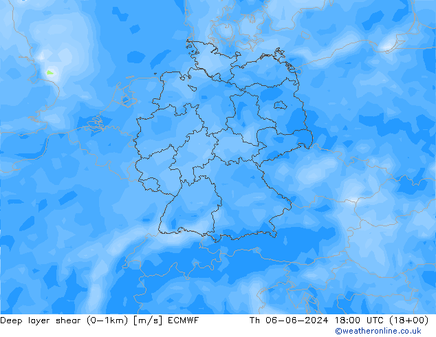 Deep layer shear (0-1km) ECMWF jue 06.06.2024 18 UTC