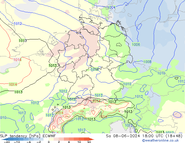 SLP tendency ECMWF Sa 08.06.2024 18 UTC