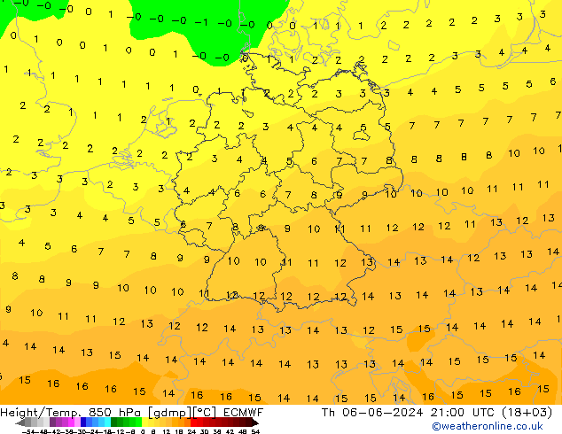 Height/Temp. 850 hPa ECMWF Th 06.06.2024 21 UTC