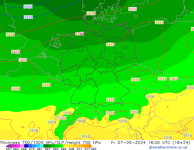 Thck 700-1000 гПа ECMWF пт 07.06.2024 18 UTC