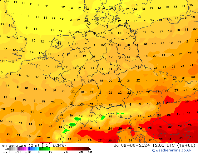 Temperatura (2m) ECMWF dom 09.06.2024 12 UTC