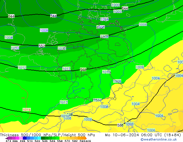 Espesor 500-1000 hPa ECMWF lun 10.06.2024 06 UTC