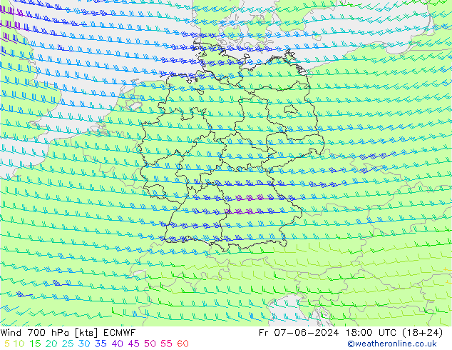 Wind 700 hPa ECMWF Fr 07.06.2024 18 UTC