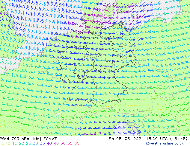 Wind 700 hPa ECMWF Sa 08.06.2024 18 UTC