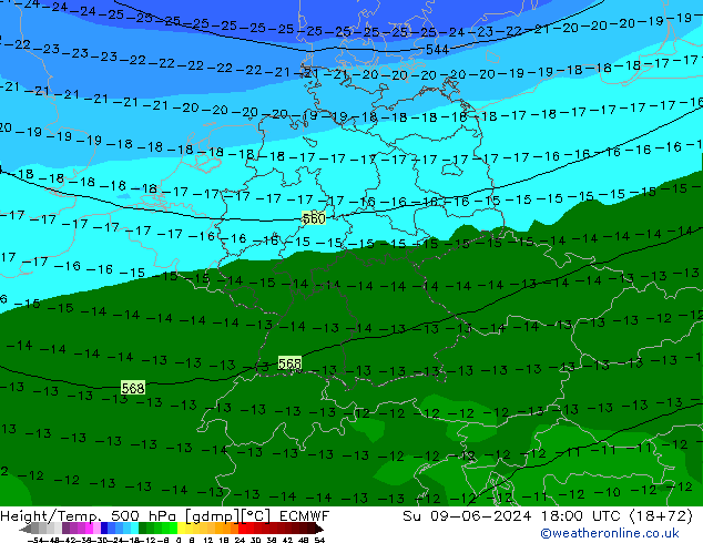 Height/Temp. 500 hPa ECMWF Su 09.06.2024 18 UTC