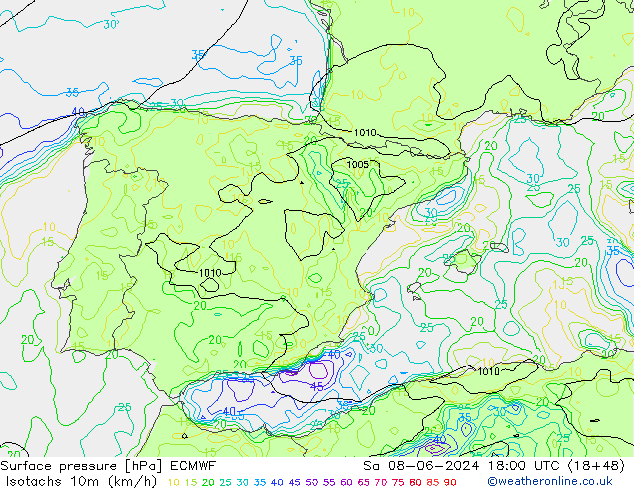 Isotachs (kph) ECMWF Sa 08.06.2024 18 UTC