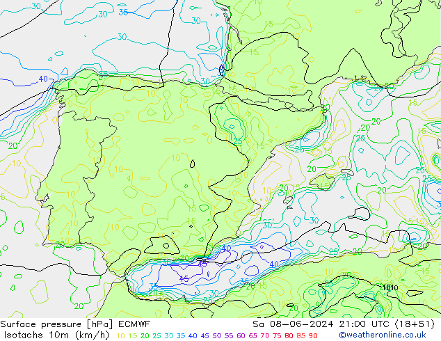 Isotachen (km/h) ECMWF za 08.06.2024 21 UTC