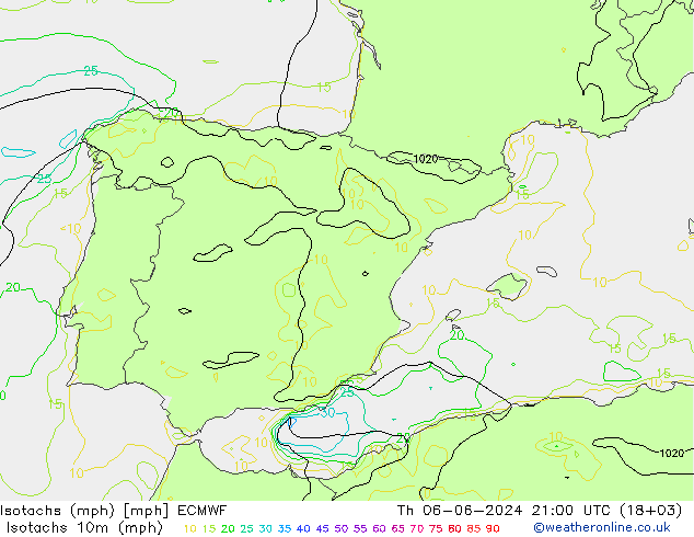 Isotachs (mph) ECMWF Čt 06.06.2024 21 UTC