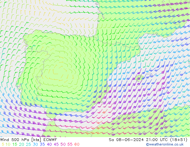 Wind 500 hPa ECMWF za 08.06.2024 21 UTC