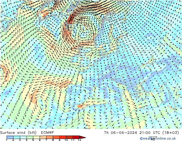 Surface wind (bft) ECMWF Th 06.06.2024 21 UTC