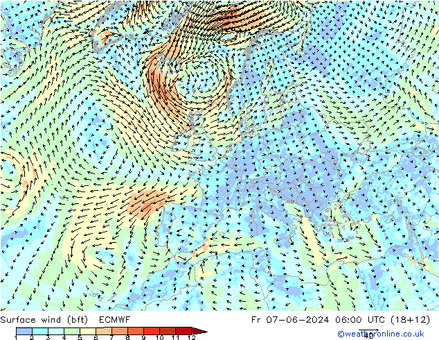 Vento 10 m (bft) ECMWF ven 07.06.2024 06 UTC