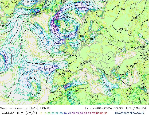 Isotachs (kph) ECMWF Fr 07.06.2024 00 UTC