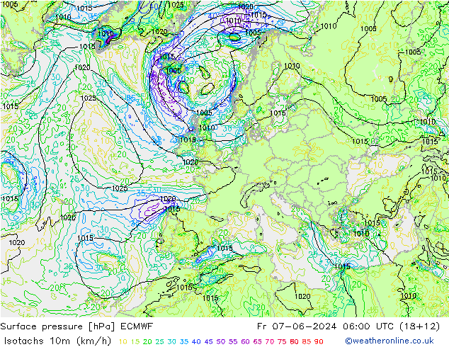 Eşrüzgar Hızları (km/sa) ECMWF Cu 07.06.2024 06 UTC