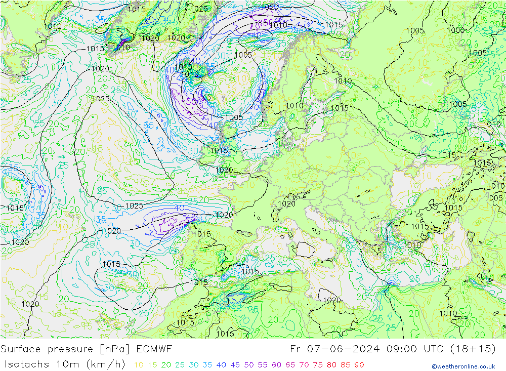 Isotachs (kph) ECMWF Fr 07.06.2024 09 UTC