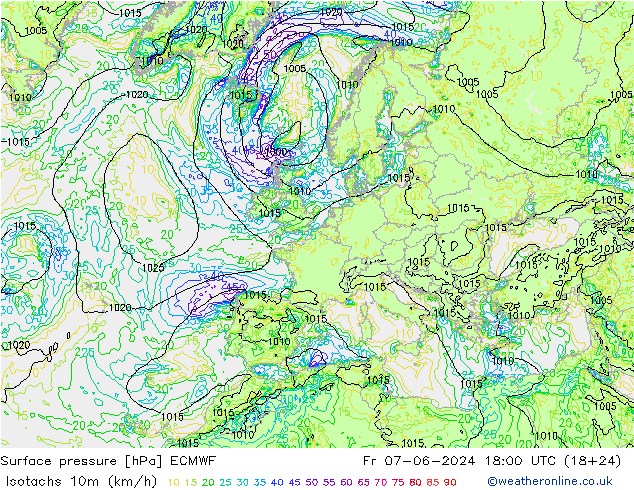 Isotachs (kph) ECMWF  07.06.2024 18 UTC