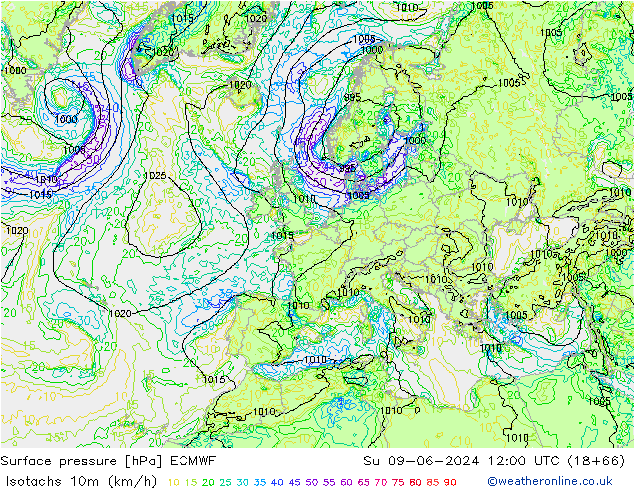 Isotachs (kph) ECMWF Ne 09.06.2024 12 UTC