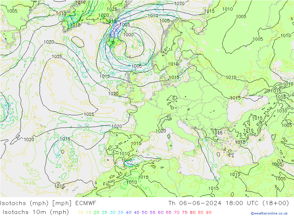 Isotachs (mph) ECMWF чт 06.06.2024 18 UTC