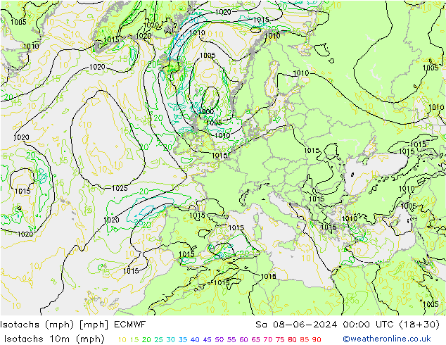 Isotaca (mph) ECMWF sáb 08.06.2024 00 UTC