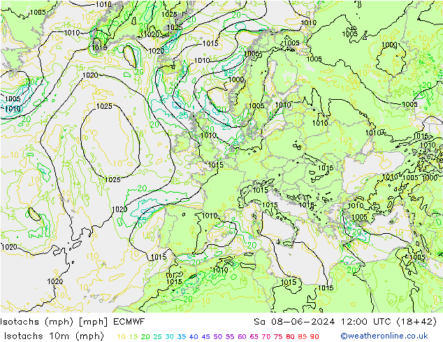 Isotachen (mph) ECMWF Sa 08.06.2024 12 UTC