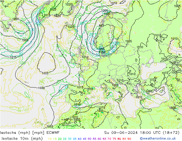 Eşrüzgar Hızları mph ECMWF Paz 09.06.2024 18 UTC