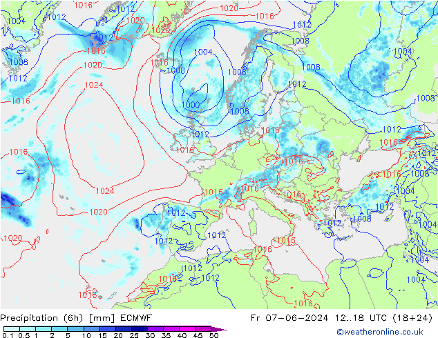Precipitación (6h) ECMWF vie 07.06.2024 18 UTC
