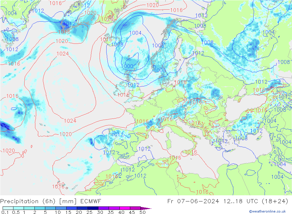 Z500/Rain (+SLP)/Z850 ECMWF Fr 07.06.2024 18 UTC