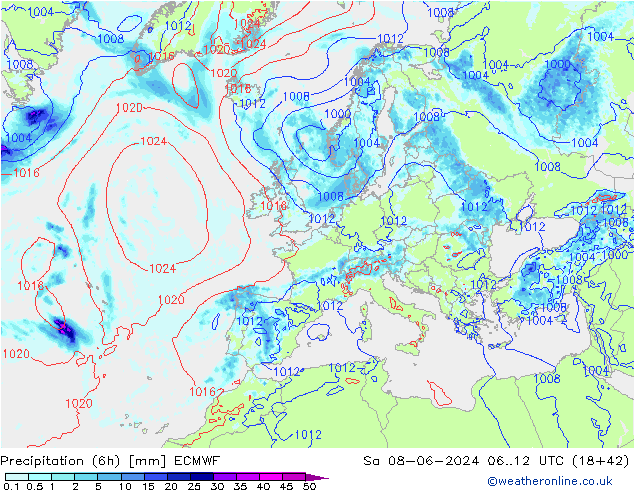 Z500/Rain (+SLP)/Z850 ECMWF сб 08.06.2024 12 UTC