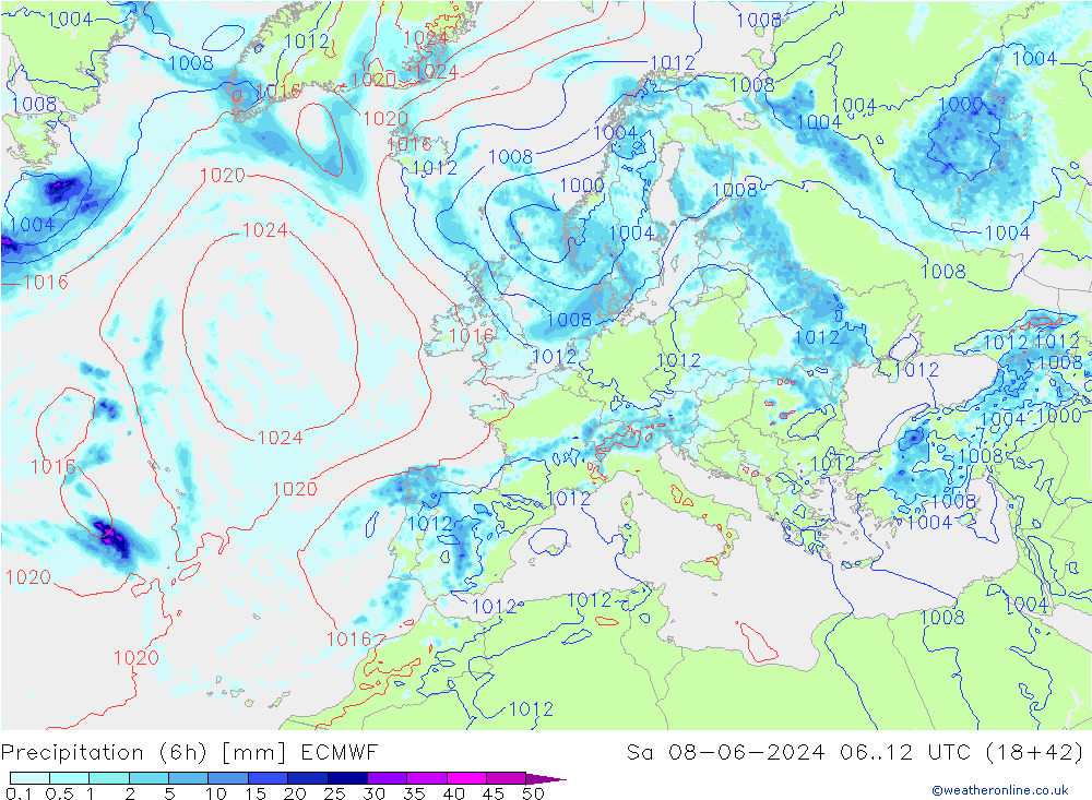 Prec 6h/Wind 10m/950 ECMWF Sa 08.06.2024 12 UTC