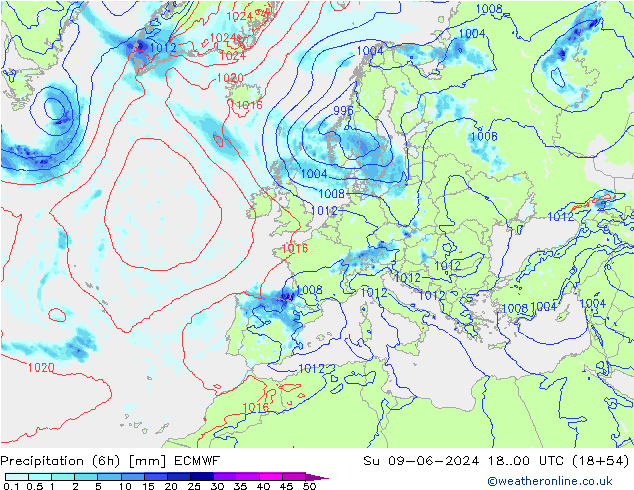 Z500/Rain (+SLP)/Z850 ECMWF Вс 09.06.2024 00 UTC