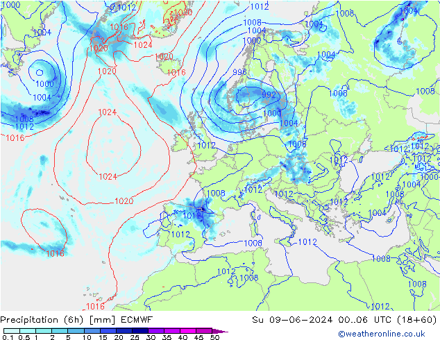 Z500/Rain (+SLP)/Z850 ECMWF Su 09.06.2024 06 UTC