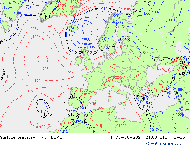 Presión superficial ECMWF jue 06.06.2024 21 UTC