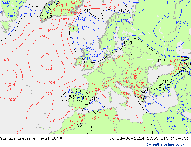 Presión superficial ECMWF sáb 08.06.2024 00 UTC