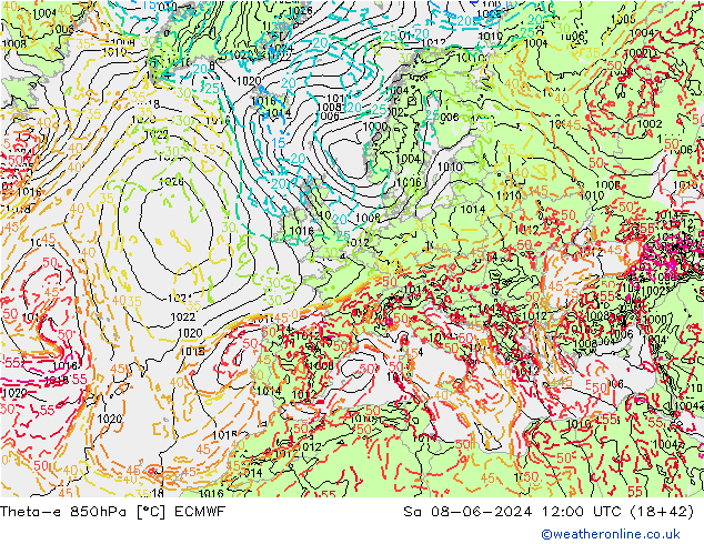 Theta-e 850hPa ECMWF Sa 08.06.2024 12 UTC