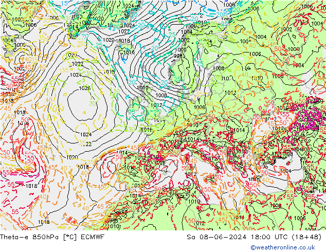 Theta-e 850hPa ECMWF So 08.06.2024 18 UTC