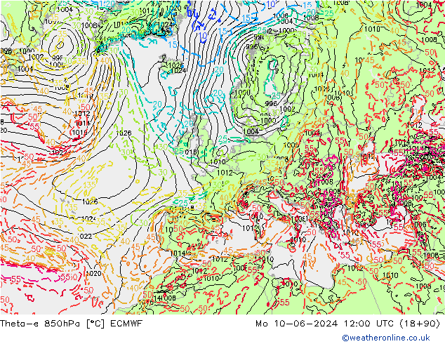 Theta-e 850hPa ECMWF Mo 10.06.2024 12 UTC