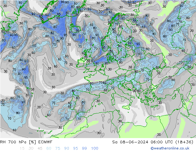 Humedad rel. 700hPa ECMWF sáb 08.06.2024 06 UTC