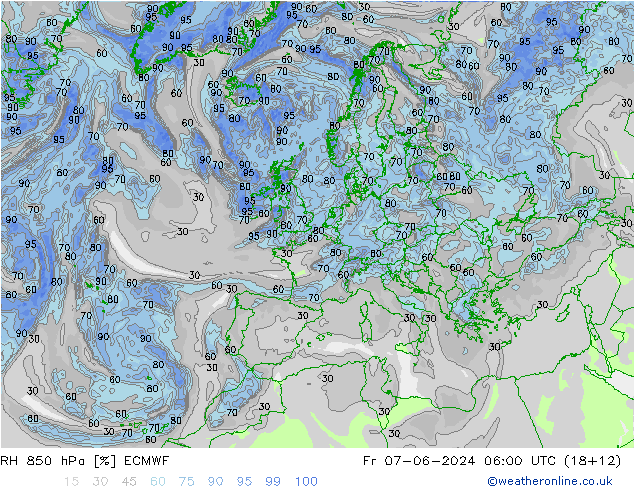 Humedad rel. 850hPa ECMWF vie 07.06.2024 06 UTC